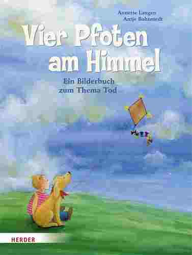 Cover Vier Pfoten am Himmel, Kind und Hund sitzen gezeichnet auf einer Wiese und schauen in den Himmel, einem steigenden Drachen hinterher 